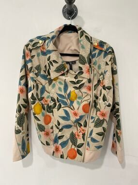 Yellowcake Shop Jacket Floral Tan Bomber Style Jacket Size L/XL